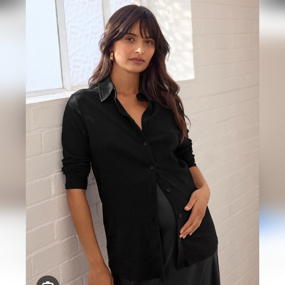 Hatch Maternity Black Long Sleeve Crinkle Cupro Button Shirt Office Work XS - Picture 1 of 8